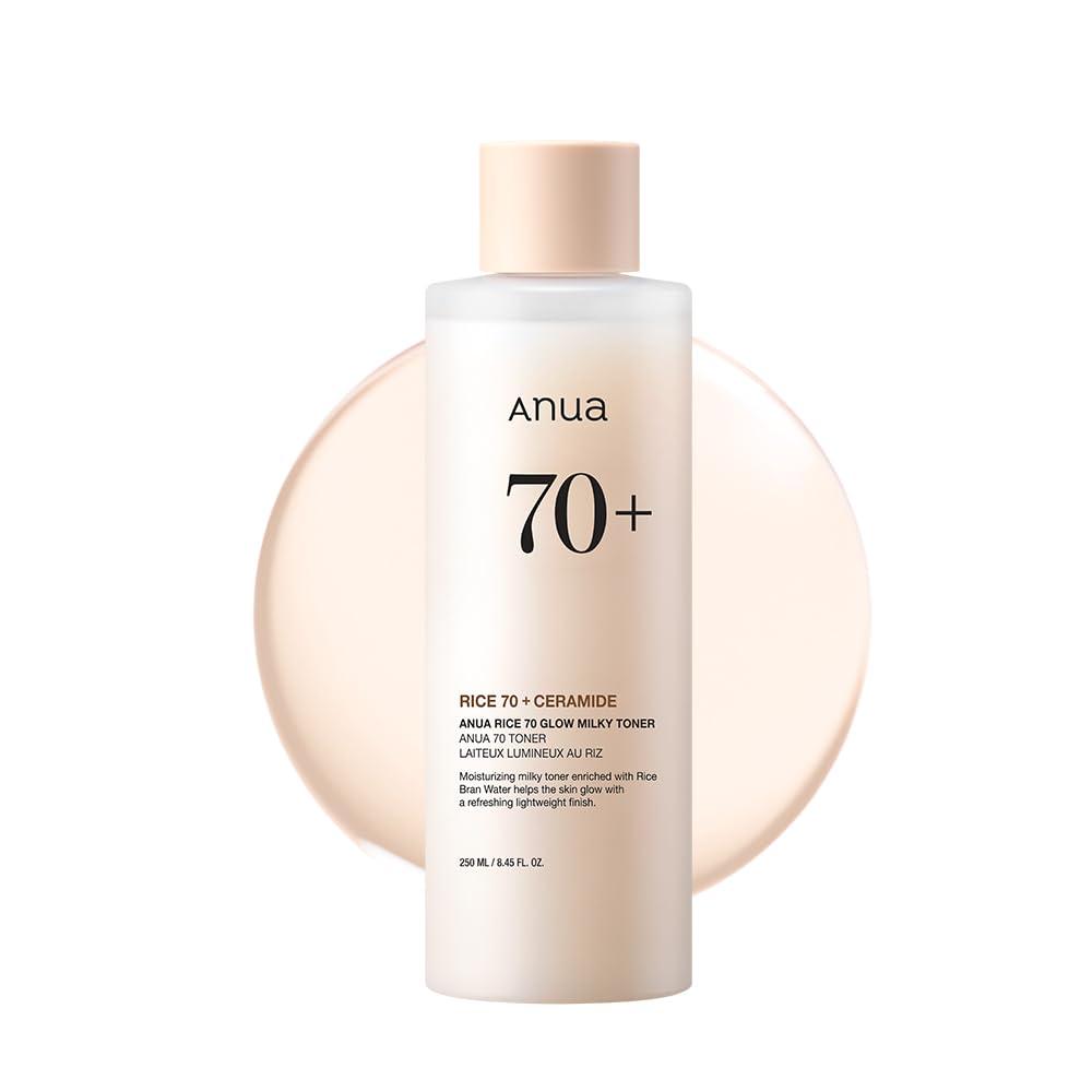 ANUARice 70 Glow Milky Toner, for Glass Skin and Brightening, Rice Water, Niacinamide, Ceramides, Panthenol, Fragrance-Free, Non comodogenic, Fungal Acne Safe, Korean Skin Care, 250ml/8.45fl.oz.