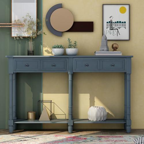 Merax Narrow Long Entryway Table with 2 Drawers, 2-Tier Console Table with Storage Shelf, Sofa Table with Storage, Antique Navy