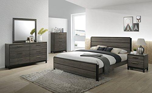 Roundhill Furniture Ioana 187 Antique Grey Finish Wood Bed Room Set, King Size Bed, Dresser, Mirror, Night Stand, Chest