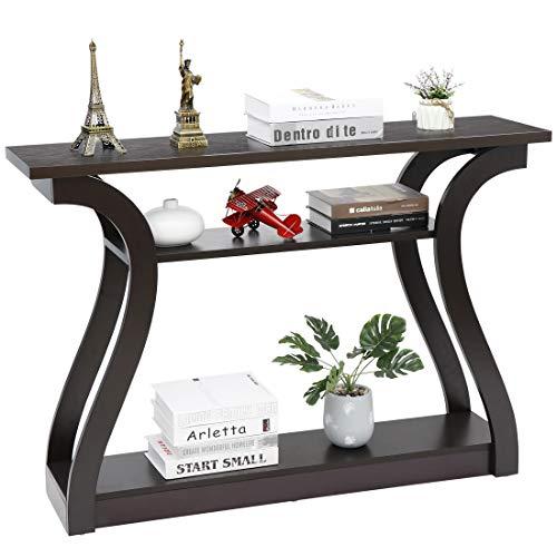 SUPER DEAL 3 Tier Narrow Console Table Accent Sofa Table Wood Entryway Table Decorative Hallway Table with Shelves, Curved Frame for Living Room Front Door Entrance, 47 in Espresso