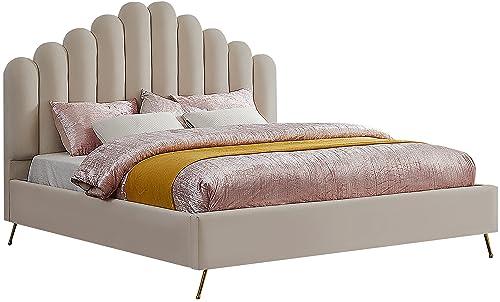 Meridian Furniture Lily Collection Modern | Contemporary Velvet Upholstered Bed with Deep Channel Tufting and Custom Gold Steel Legs, King, Cream