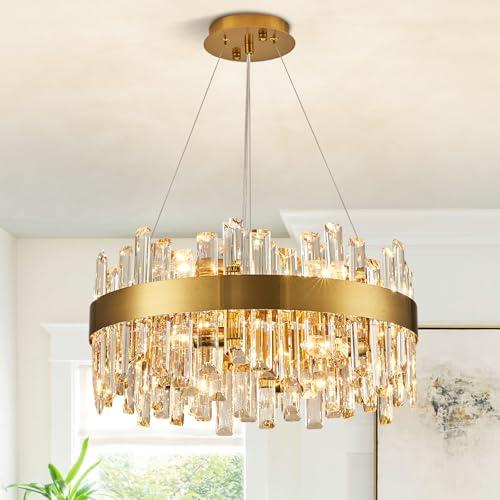 Siljoy 12-Light Modern Crystal Chandelier Brass Gold Round 2-Tiers K9 Crystal Raindrop Chandelier Luxury Adjustable Pendant Light Fixture for Dining Living Room Kitchen Bedroom Bathroom D19.7''