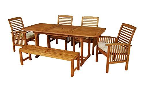 Walker Edison Maui Modern 6 Piece Solid Acacia Wood Slatted Outdoor Dining Set, Set of 6, Brown