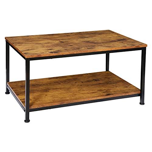 SUPER DEAL 2-Tier Industrial Coffee Table with Storage Shelf for Small Apartment Living Room, Rectangle Wood and Stable Metal TV Stand Side End Table, Retro Brown