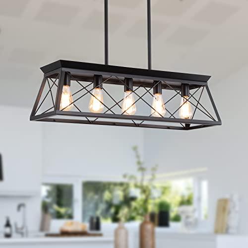 Farmhouse Chandeliers for Dining Room, Rustic Kitchen Island Light Fixture, 5-Light Linear Pendant Lighting Rectangular Chandelier, Metal Solid Ceiling Lights Black