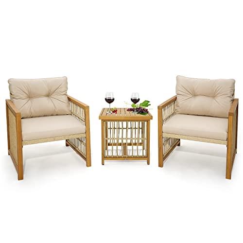 Tangkula 3 Pieces Acacia Wood Patio Furniture Set, PE Wicker Bistro Set with Cushioned Chairs and Coffee Table, Outdoor Conversation Set for Porch, Deck, Balcony, Backyard (Beige)