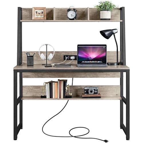 Yaheetech Home Office 47 Inch Writing Desk with Power Outlets and 2 USB Charging Ports for Studying, Gaming Table Computer Desk with Hutch and Bookshelf, Metal Frame Workstation for Office, Gray