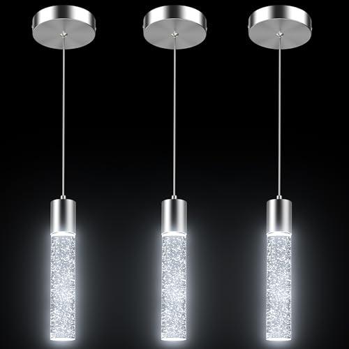 Pendant Lights Kitchen Island 3 Pack, 6500K Modern Kitchen Island Lights Ceiling Lighting Fixtures with Crystal Bubble, Integrated LED Cold White Hanging Light Dining Room Light