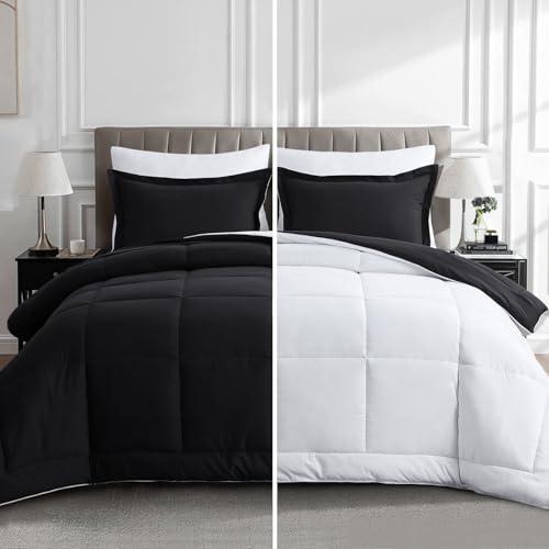 Aisbo Black and White Comforter Set Queen - 3-Pieces Soft Reversible Comforter Set Queen Size, All Season Lightweight Down Alternative Bed Comforter with 2 Pillow Shams