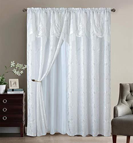 Bedding Haus Elegant Damask Jacquard Window Curtain Set - 2 Drapes with Attached Valance and Back Sheer Lining and 2 Tassels for Dining Rooms Living Rooms [Starlit 63 White]