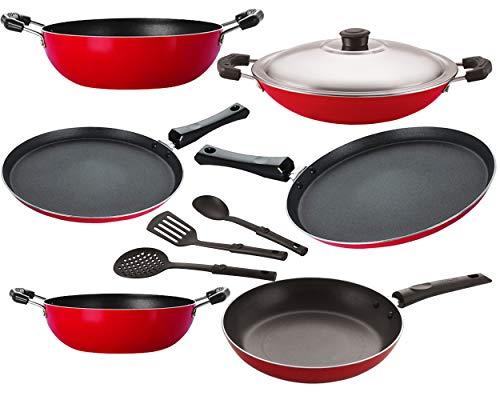 Nirlon Non-Stick Heavy Gauge Aluminium Kitchen Items(Black & Red_Combo Set) [2.6Mm_Ft13_Kd12_Kd13_Ch_Ft11_Tp24_3Spn]