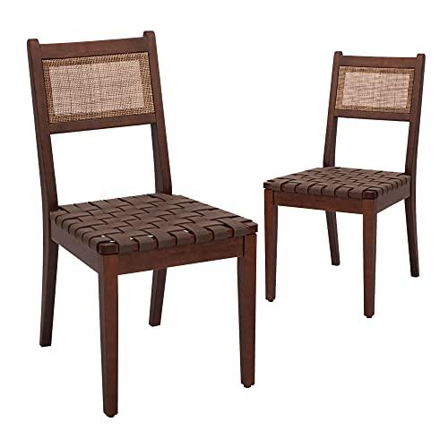 CangLong Chairs with Rattan Backrest and Vegan Leather Woven with Solid Wood Leg for Dining Room Bedroom Kitchen Restaurant, Set of 2, Drak Brown