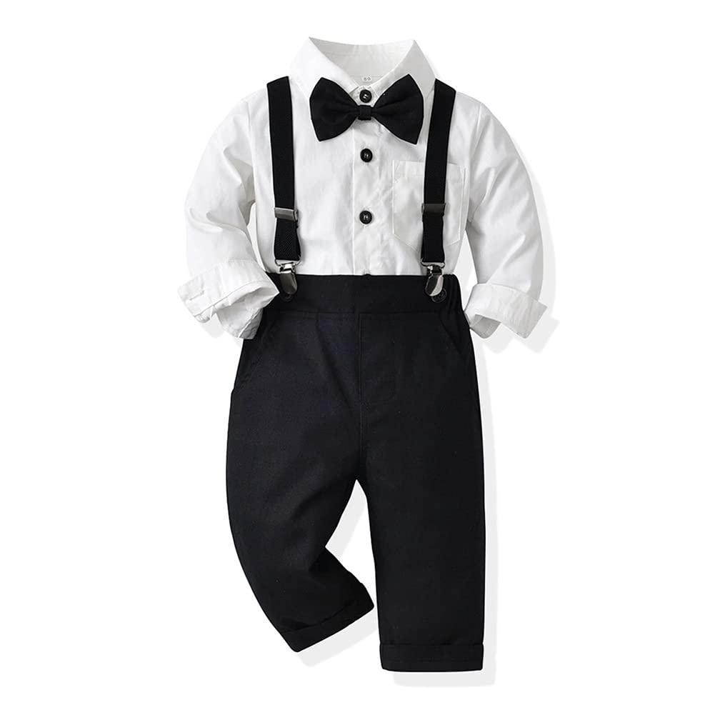 IDOPIP Toddler Kids Baby Boys 1st Christmas Outfit Gentleman Striped Shirt with Bowtie +Long Suspender Pants Overalls Clothes