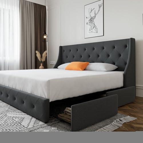 SHA CERLIN King Size Platform Bed Frame with 4 Storage Drawers and Wingback Headboard, Diamond Stitched Button Tufted Design, No Box Spring Needed, Dark Grey