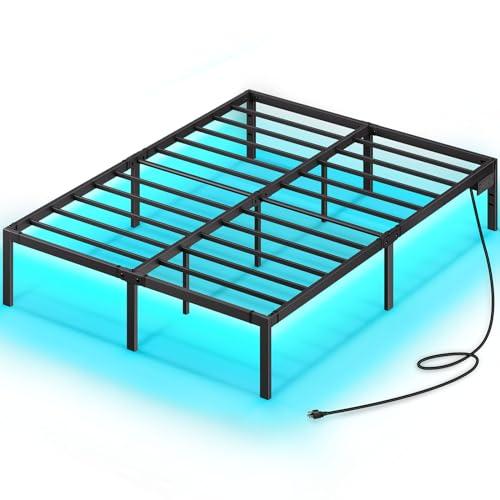 RolanstarBed Frame with USB Charging Station, Queen Bed Frame with LED Lights, Platform Bed Frame with Heavy Duty Steel Slats, 14" Storage Space Beneath Bed