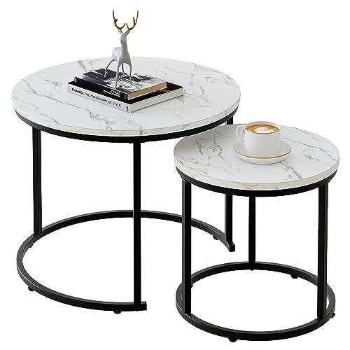 aboxoo Round Nesting Coffee Table Side Table Set of 2 End Tables for Living Room Bedroom Balcony, White Faux Marble Wooden Table Accent Coffee Table with Black Steel Frame