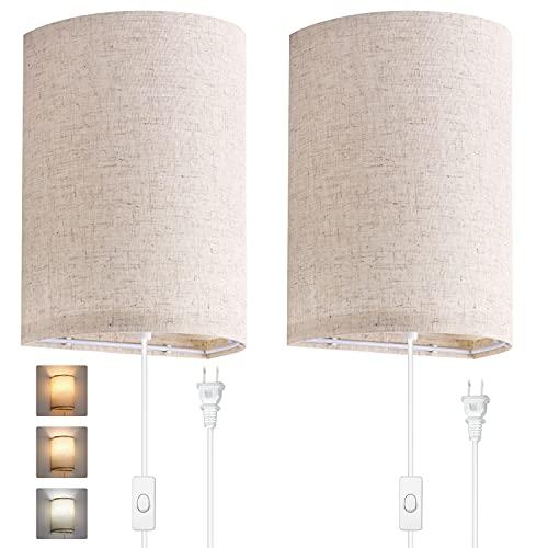 AVV Wall Sconces Set of Two, Wall Lamp Plug in with On/Off Switch, 2700K 4000K 5000K Selectable, Wall Lights for Bedroom, Living Room, Wall Decor for Bedroom, Fabric Linen Lamp Shades