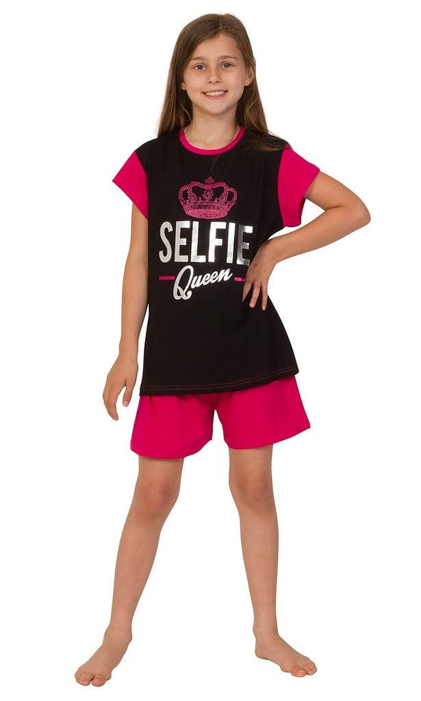 ThePyjamaFactoryGirl's Selfie Queen Short Cotton Girls Long Pyjamas 9 to 16 Years Pink Black