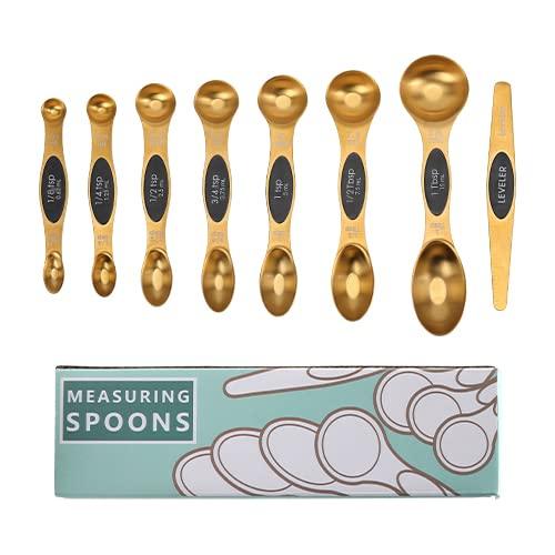 Magnetic Measuring Spoons Set,Gold Measuring Spoons ,Stainless Steel Metal Nesting Measuring Spoons, Double Side,Set of 8,Fits in Spice Jars,Liquid Ingredients