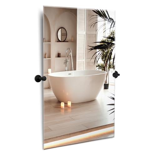 Hamilton Hills 20x30 inch Frameless Pivot Mirrors for Bathrooms with Matte Black Rounded Wall Brackets | Rectangular Tilting & Farmhouse Wall-Mounted Vanity | Hangs Horizontally and Vertically