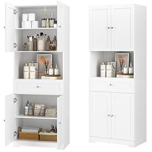 HIFIT Tall Bathroom Storage Cabinets, Modern Linen Storage Cabinet with 4 Doors & Shelves & Drawer, 67" H Tall Storage Cabinet Freestanding for Bathroom, Living Room, Kitchen, Pantry, White