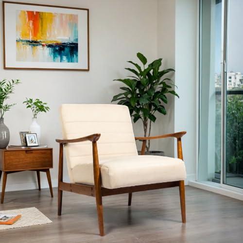 CangLong Armchair Upholstered Lounge Chair Mid-Century Modern Channel Tufted Accent Chair with Wood Arms for Living Room, Bedroom & Small Office,Set of 1, Beige