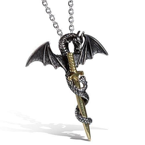 JewelryWeVintage Style Stainless Steel Dragon Sword Pendant Biker Men's Necklace, 22 inch Chain, Colour Gold Black Silver (with Gift Bag)