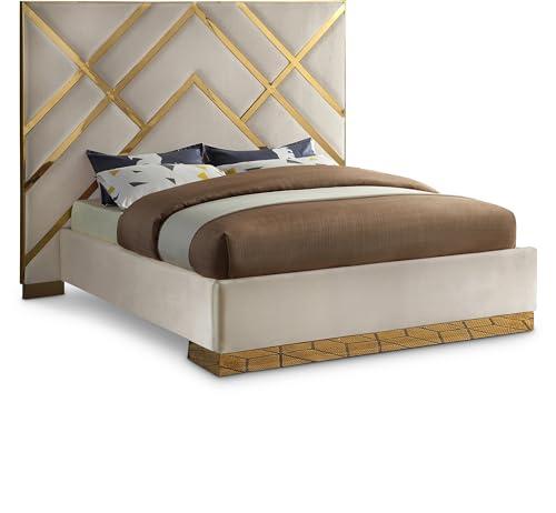 Meridian Furniture VectorCream-K Vector Collection Modern | Contemporary Velvet Upholstered Bed, Custom Gold Metal Base and Polished Gold Metal Design, 97.5" W x 85.5" D x 68" H, Cream, King