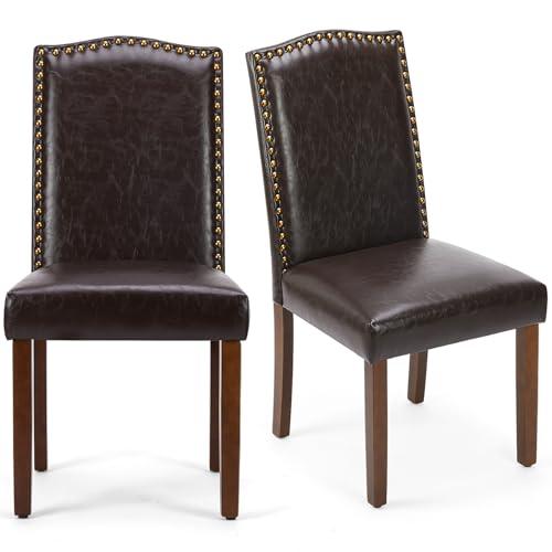 DUMOS Upholstered Dining Chairs Set of 2, Modern Upholstered Leather Dining Room Chair with Nailhead Trim and Wood Legs, Mid-Century Accent Dinner Chair for Living Room, Kitchen, Dark Brown