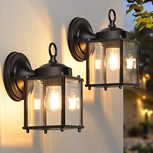 Outdoor Wall Lantern, Exterior Waterproof Wall Sconce Light Fixtures, Black Front Door Wall Lighting with Clear Beveled Glass Shade, 2 Pack