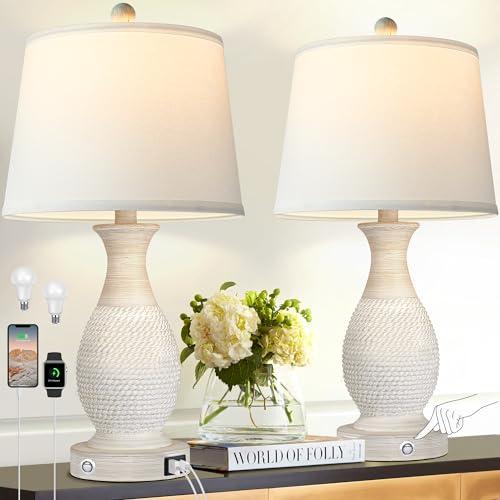 PARTPHONER Set of 2 Table Lamps with USB C+A Fast Charging Ports, 26" Tall Farmhouse Living Room Lamp with 3-Way Dimmable Nightstand Lamp White Fabric Shade for Living Room Bedroom Home Office