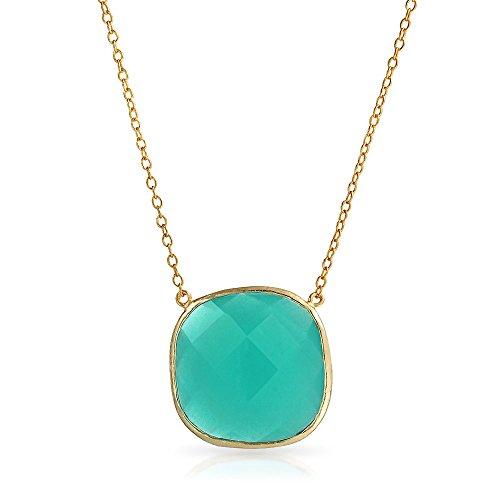 Teal Green Faceted Stone Bezel Simulated Chalcedony Quartz Pendant Necklace For Women 14K Gold Plated Sterling Silver