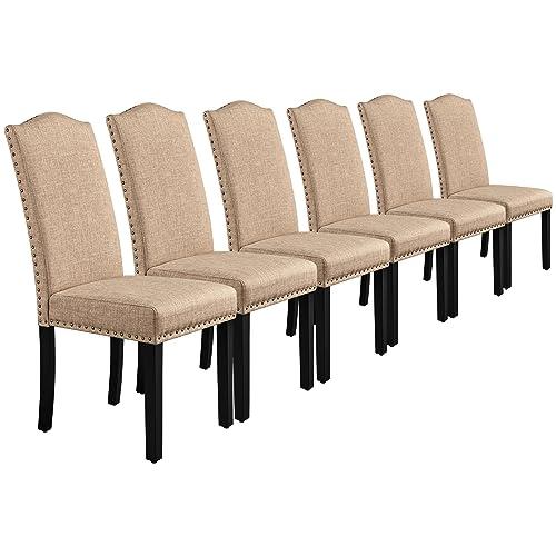 Yaheetech Dining Chairs Set of 6 Upholstered Kitchen Chairs Fabric Side Chairs with High Back and Solid Wooden Legs for Home Dining Room and Kitchen, Khaki