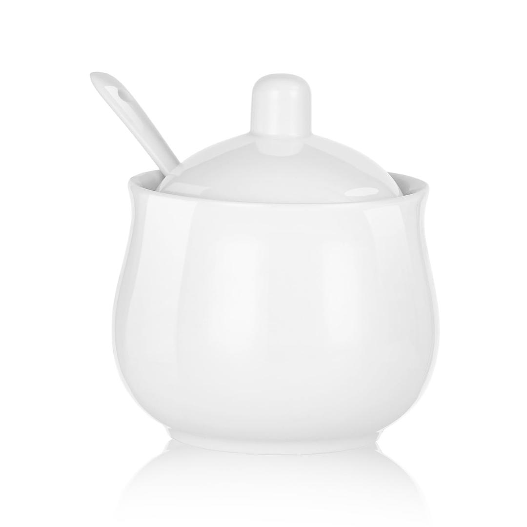 Ceramic Sugar Bowl with Lid and Spoon, White Porcelain Sugar Salt Pepper Storage Jar, 8 Ounces