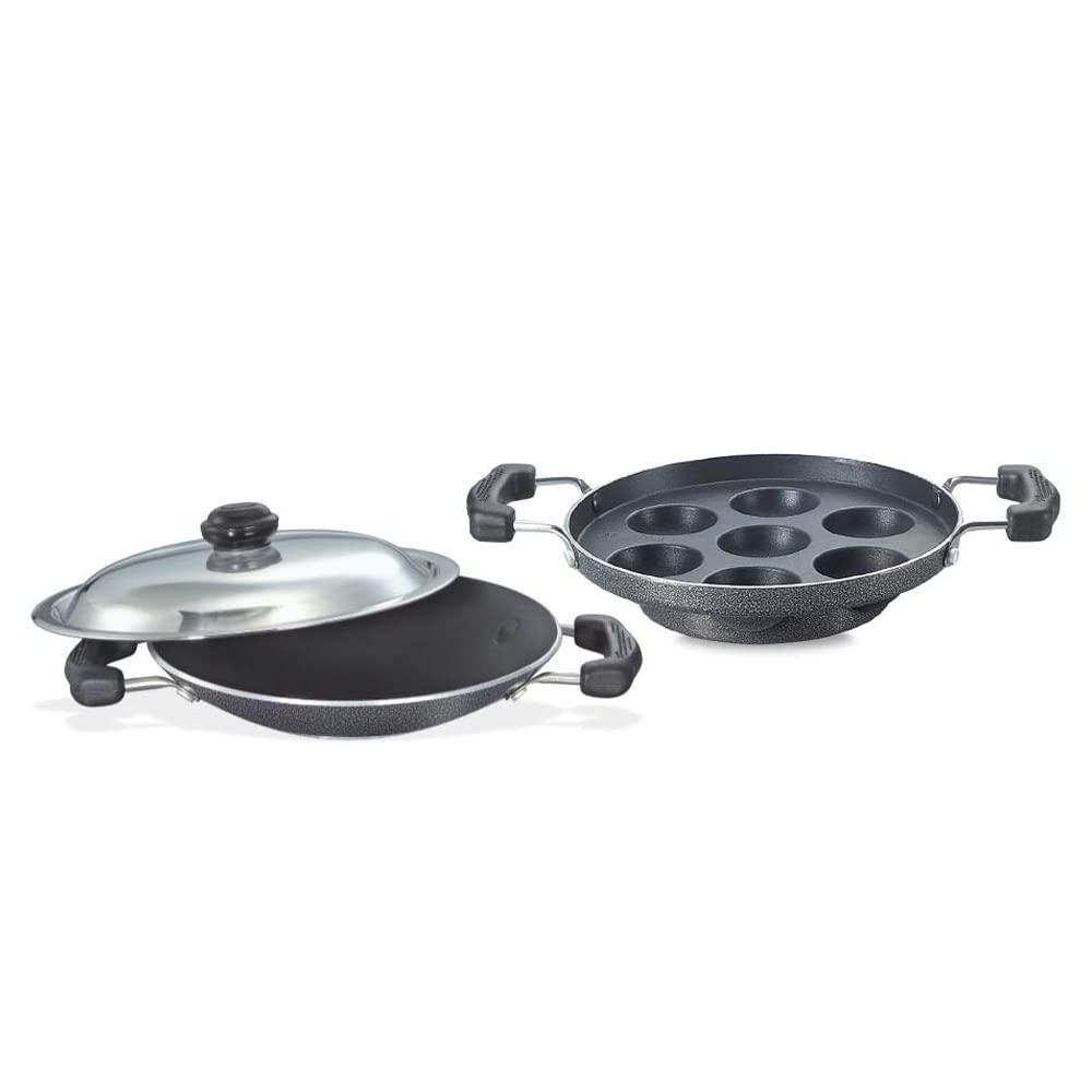 PrestigeAluminium Omega Select Plus Non-Stick Coated Appachetty with Lid And Paniyarakkal Combo 20 Cm Each, (Black)