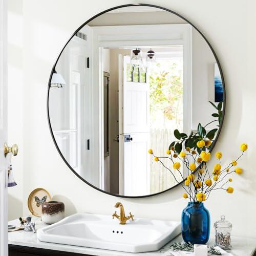 Black Round Bathroom Mirror, 24 inch Circle Mirror, Round Wall Mirror with Simple Metal Frame, Modern Round Hanging Mirror for Bathroom, Hallway, Living Room, Black Frame