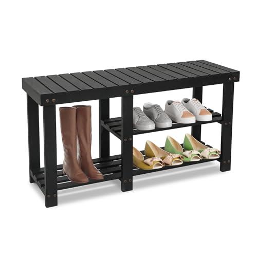 ECOMEXShoe Rack Bench for Entryway, 3-Tier Wooden Shoe Shelf Shoe Organizer Bench Shoe Organizer Entryway Bench for Bedroom Balcony Entryway Entrance, Black(33.5''L)