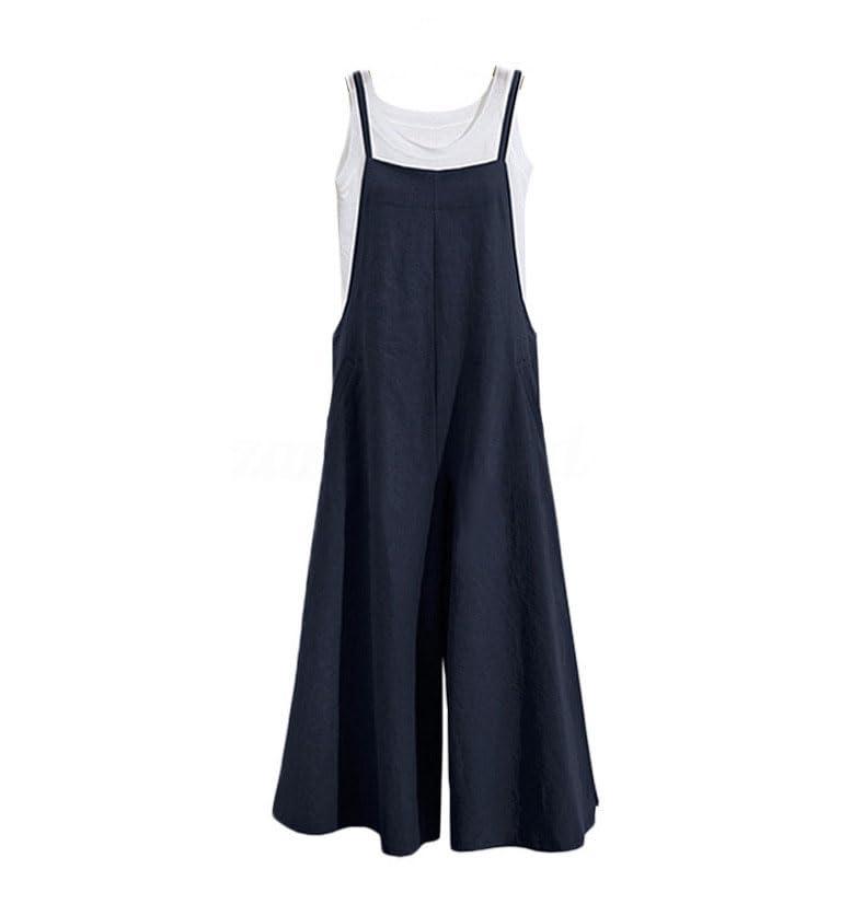 WilliamcardinWomen's Casual Loose Long Cotton Bib Overalls Baggy Linen Plus Size Jumpsuits Rompers Suits Wide Leg Pants