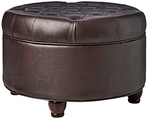 Homepop Home Decor | Button Tufted Faux Leather Round Storage Ottoman | Ottoman with Storage for Living Room & Bedroom (Distressed Brown)