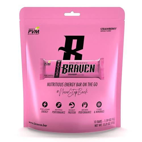 BRAVEN Bars Strawberry, Delicious Taffy-Like Energy Bar, Sustained Energy Boost, Quality Protein & Balanced Nutrition for On-the-Go. Gluten Free. (1.59 oz, Pack of 10)