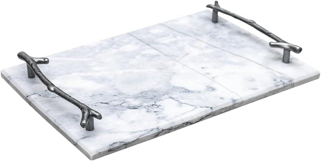 Serving Tray with Handles | 12" x 8" Marble Tray for Food, Snacks, and Events Decorative Tray | Breakfast Dinner Ottoman Tray Coffee Table Decor Serving Trays with Silver Handles by Museo