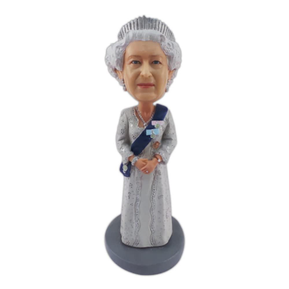 Queen Elizabeth Resin Statue, Queen Elizabeth II Figure, Queen Elizabeth Platinum Jubilee Souvenir, Queen Elizabeth Shaking Head Toy Figure with Royal Blue Ribbon, Crown and Ivory Dress