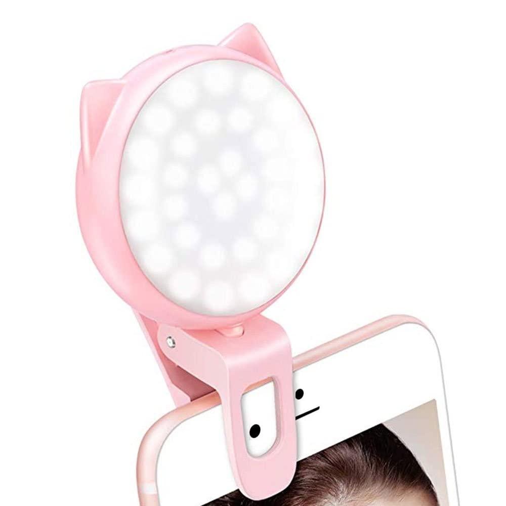 OURRY Selfie Clip on Ring Light, Mini Rechargeable 9 Level Adjustable Brightness Light with 32 LED, 2-8 Hours, USB Flash Lighting for iPhone/Android Cell Phone Photography,Video, Vlogging - Pink