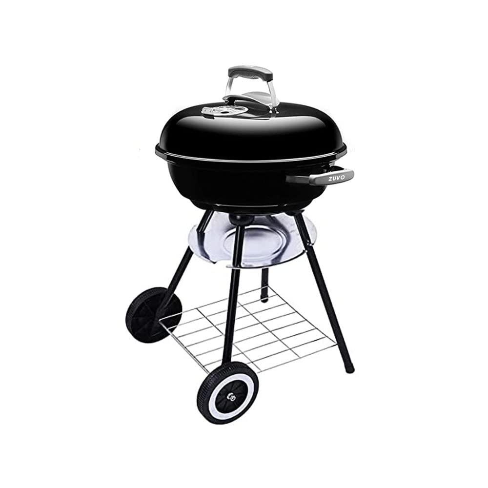 43 cm Barbecue BBQ Outdoor Grill With Wheels | Portable Round Charcoal Trolley, Adjustable Vent, Lid Mounted Temperature Gauge, And Chrome Grill B, Essential Kettle