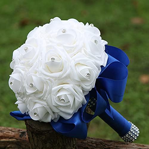 Faylapa Wedding Bridal Bouquet Crystal Pearl Silk Roses Royal Blue Bridal Bridesmaid Hand Flowers Wedding,Engagement Valentine's Day Decor