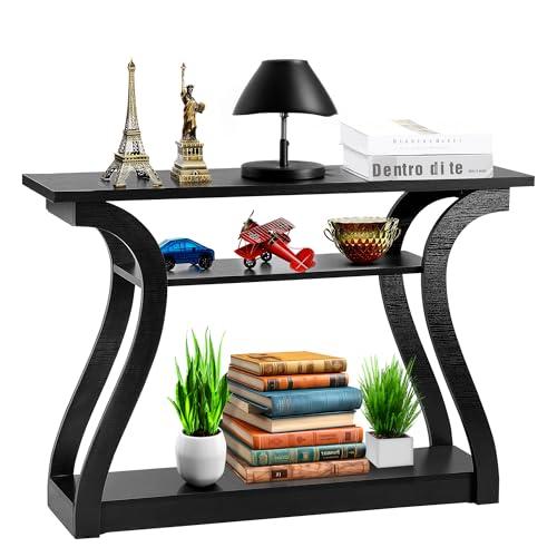 SUPER DEAL Wood Console Table 3 Tier Narrow Entryway Table with Curved Frame and 2 Open Storage Shelves Accent Sofa Table for Hallway Living Room Bedroom, 47 in Black