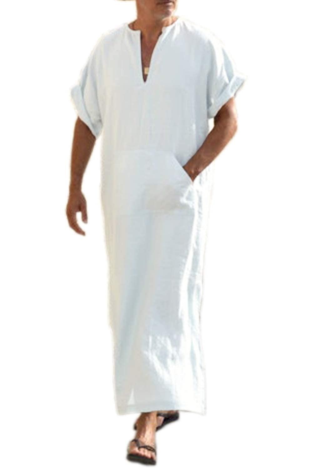 COOFANDYMen's V-Neck Linen Robe Short Sleeve Kaftan Thobe Long Gown Casual Shirt for Beach, Summer