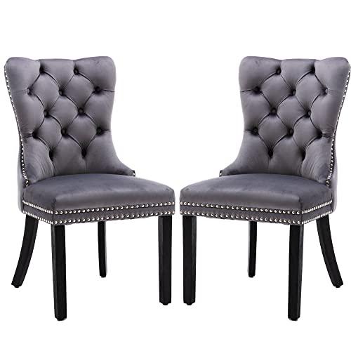 KCCVelvet Dining Chairs Set of 2, Upholstered High-end Tufted Dining Room Chair with Nailhead Back Ring Pull Trim Solid Wood Legs, Nikki Collection Modern Style for Kitchen, Grey