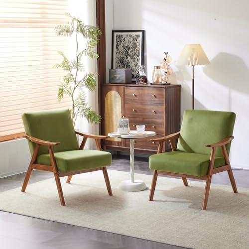 VINGLI Olive Green Velvet Accent Chairs Set of 2, Retro Mid Century Lounge Chairs for Living Room, Sturdy Upholstered Vintage Solid Wood Boho Farmhouse Armchairs for Bedroom/Apartment