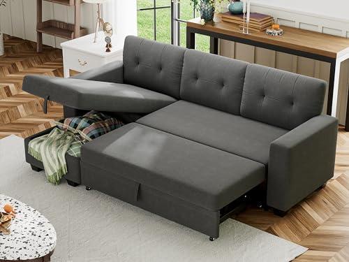 Shahoo Sofa Bed Reversible Convertible Sleeper Pull Out Couches with Storage Chaise, Linen Fabric Furniture for Living Room, Apartment, Dark Gray